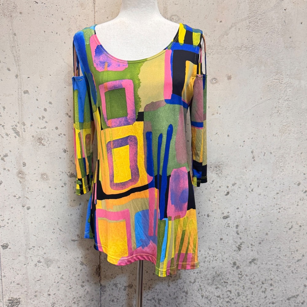 Artex Fashions Abstract Geometric Tunic Women Small Multicolor Cold Shoulder Art